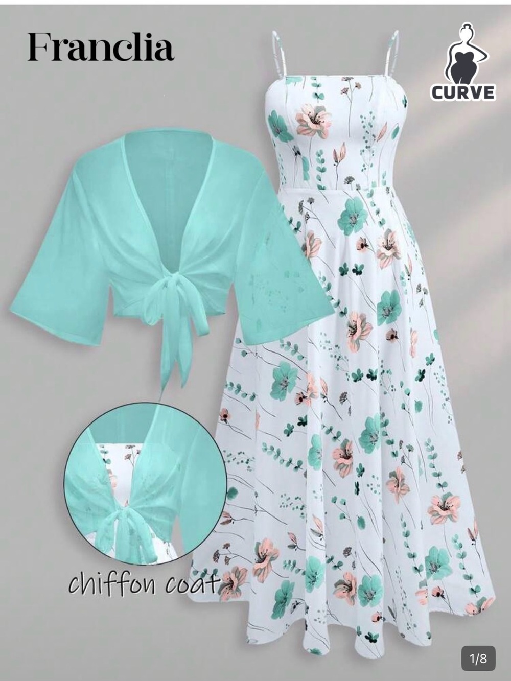 Franclia Floral Spaghetti-Strap Maxi Dress with Mint Chiffon Cover XL